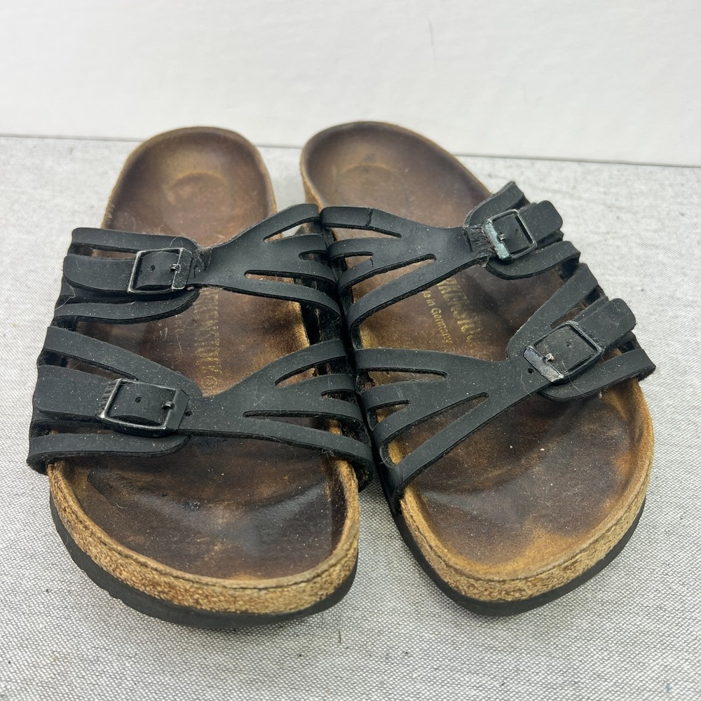 Birkenstock Granada Black Birkibuc Leather Cut Out Buckle 2 Strap Sandals SZ37-6